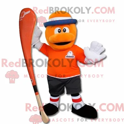 Productafbeelding van Oranje REDBROKOLY ijshockeystick-mascottekostuum gekleed met een rugbyshirt en hoeden