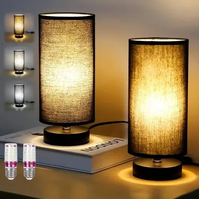 Productafbeelding van Nachtlampje set van 2, moderne tafellamp E27-fitting met schakelaar, zwart bedlampje met linnen kap voor slaapkamer, woonkamer, kantoor, kind