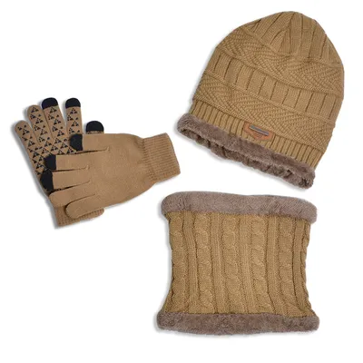 Produktbild von Kinder-Filzmütze, Kinder-Wintermütze, Schal-Handschuhe, Jungen-Strickmützen-Set – Khaki