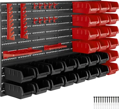 A wall-mounted storage system with multiple bins and tool holders.