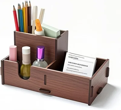 Produktbild von Büro-Organizer Holz, Walnussfarbe, mit Stifthalter und Schublade, multifunktional, für Büro und Zuhause