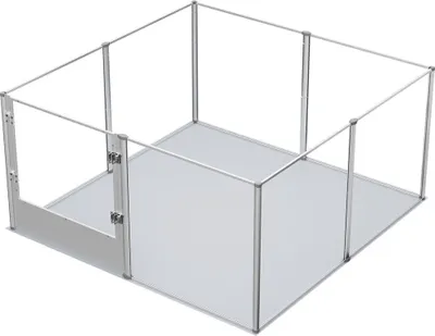 A 3D rendering of a modular pet playpen with a gate.
