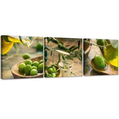 Produktbild von Set mit gemälden auf leinwand öl und grüne oliven 150x50 cm Feeby farbe wandbild bereit zum aufhängen