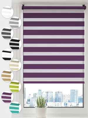 A purple and white striped roller blind is shown hanging in a window, with a cityscape visible outside. Several circular swatches of different colored blinds are displayed to the left of the main product.