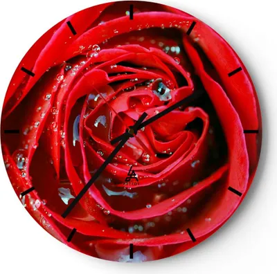 Produktbild von Wanduhr - Rund - Glasuhr - Rose Blume Blütenblätter Tau - 30x30cm - Schleichendes Uhrwerk - Lautlos - zum Aufhängen bereit - Dekoration Modern - Wanddekoration aus Glas - C3AR30x30-1518