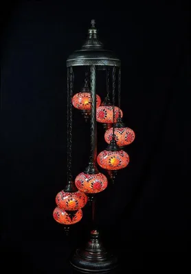 Image de Lampadaire turc fait main avec 7 boules en verre mosaïque rouge/orange, hauteur 160 cm, douille E-14