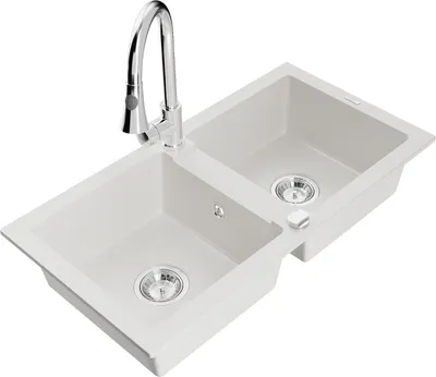 Produktbild von Mexen Mario 2-Becken-Granitspüle mit Mischbatterie Elia, Weiß - 6504-20-670101-00