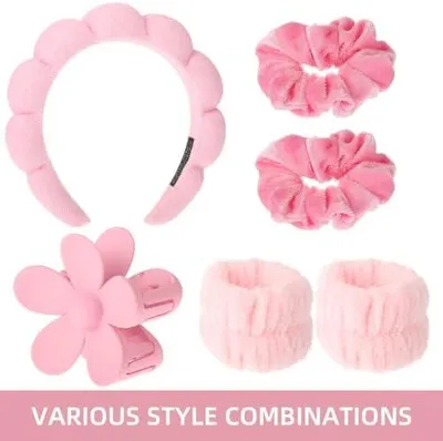 Produktbild von Rosa Wellness-Stirnband und Kosmetik-Haarreif mit Schwamm, Handgelenk-Waschbändern, Haarclips und Haargummis für Gesichtswäsche, Dusche und Hautpflege