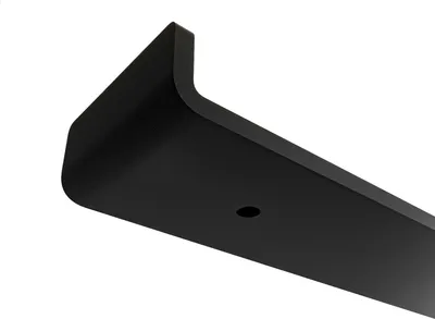 A close-up, angled view of a black shelf bracket against a white background.