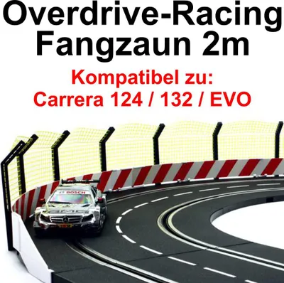 Produktbild von Overdrive-Racing Fangzaun 2m kompatibel mit Carrera Digital 124 132 EVO Kurven Geraden Zaun Leitplanke Auto Bande Zubehör