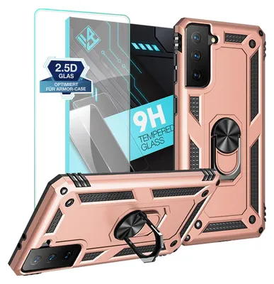 A product shot featuring a rose gold phone case and a screen protector.