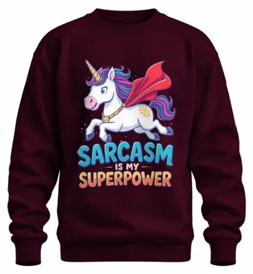 Imagen del producto de Camiseta de cuello redondo con estampado "El sarcasmo es mi superpoder. Unicornio. Regalo divertido para niños y mujeres", color burdeos, talla M