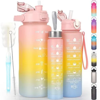 Immagine prodotto di Set di 3 bottiglie riutilizzabili Ibenzoa® (2 litri, 700 ml, 300 ml) – Realizzate in Tritan senza BPA, colore rosa, con indicatori di tempo e beccuccio a prova di perdite