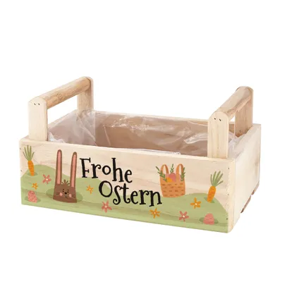 Produktbild von Oster Geschenkkorb aus Holz „Frohe Ostern“ – Pflanzkorb als Osterkorb mit Hasenmotiv, 3 Varianten (2 Griffe)