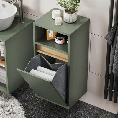 Zdjęcie produktu dla Szafka łazienkowa Vicco Viola Zielony/rzemieślniczy 38 x 80 cm z koszem na pranie, Model 54885