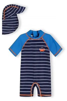 Produktbild von Minoti Kinder Badeanzug UV-Schutz Dunkelblau für Jungen - Gestreifter Rashguard mit Badehose