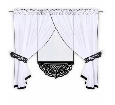 Produktbild von Fertiggardine Set mit Panel Weiß Schwarz Voile Leinen 400x150cm Laser-Ornament Ažur Dekorativ 2-teilig Scheibengardine Bistrogardine