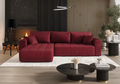 Productafbeelding van Hoekbank, slaapbank, model CAMILA, bekleding: stof Monolith, kleur: rood, met ottomaan aan de linkerkant