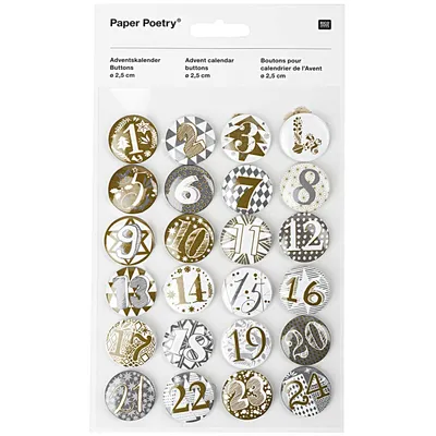 Produktbild von Adventskalender Buttons - 25mm 24 Stück Gold/Silber