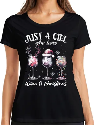 Produktbild von Just a girl who loves wine and christmas Weintrinker - Weihnachten Weihnachtsgeschenk Damen T-Shirt, Schwarz, L