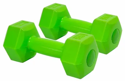 A pair of green dumbbells on a white background.