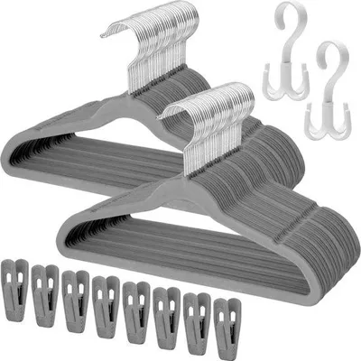 Produktbild von Famanu Kleiderbügel Set 60 Samtbügel grau rutschfest platzsparend mit Babyhüftbügel - 8 Samtbügelclips - 2 drehbare Haken für Kinderkleidung