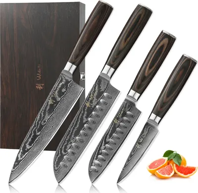Produktbild von Wakoli EDIB Essentials 4er Damastmesser-Set - 20cm, 18cm, 12cm & 10cm Klingen aus 67 Lagen Damaststahl, Chef-, Santoku-, Kleines Santoku- und Officemesser, Inklusive Fingerschutz & Holzbox