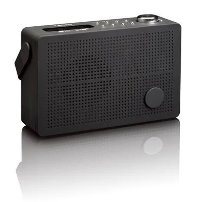 A black Lenco PDR-030BK portable DAB+/FM radio with alarm function is shown against a white background.
