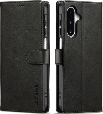 A black leather flip case for a smartphone is shown from two angles.