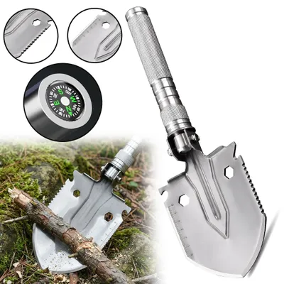 Produktbild von YRHome Klappspaten Multifunktion Spaten Outdoor Camping Schaufel Edelstahl Survival Werkzeug mit Kompass Maßstab Säge Hacke Garten Auto