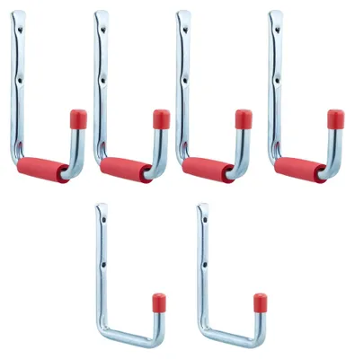 Image de Lot de 6 crochets muraux Relaxdays, 2 tailles, jusqu'à 17,5 kg, crochets pour garage, atelier, cave, acier, mousse, argent-rouge