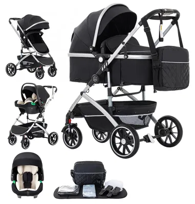 Produktbild von 3 in 1 Kinderwagen Reisesystem - Kombikinderwagen Mit Autositz - Hohe Rückenlehne - Klappbar - Für Neugeborene Und Babys - Traglast Über 20 kg - Schwarz