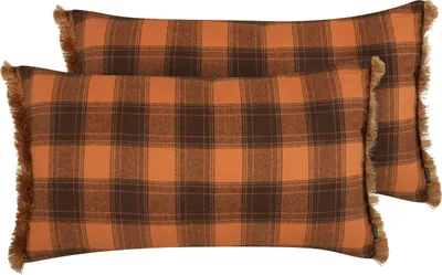 Obrázok produktu pre BELIANI Sada 2 dekoratívnych vankúšov oranžová a čierna 40 x 70 cm károvaný vzor so strapcami retro doplnky spálňa obývačka