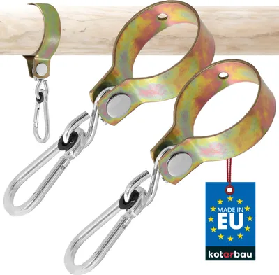 Zdjęcie produktu dla KOTARBAU® Obejma Huśtawkowa 100 mm Mocowanie Huśtawki do Drewnianej Belki Hak Huśtawkowy z Karabińczykiem Stalowa Zestaw 2 SZT