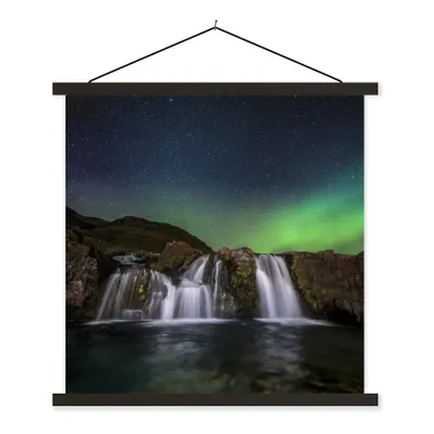 Produktbild von MuchoWow® Textilposter Nordlicht - Wasserfall - Island - Natur 120x120 cm mit schwarzem Rahmen - Aufhängungsset