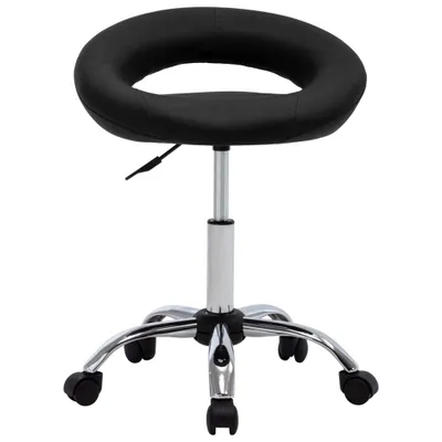 A black, circular stool with a chrome base and wheels, shown from a front-diagonal angle.