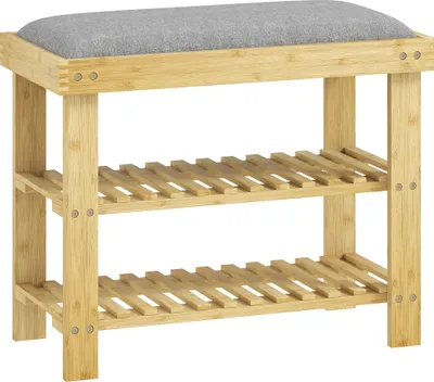 Produktbild von Schuhbank mit Sitzfläche, Bambus Sitzbank mit Stauraum, 2 offene Fächer, Sitzbank 60 x 29 x 49 cm Grau