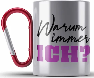Produktbild von Trendation - Warum Immer Ich Lustige Edelstahl Tasse Karabiner Büro Karabiner Edelstahl Tasse Karabiner Edelstahl Kaffeebecher Kollege Kollegin Frauen Frau Lustig (Rot)