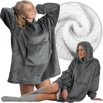 Zdjęcie produktu dla Bluza z kapturem koc kocobluza gruba oversize ciepła na zimę szara futrzak
