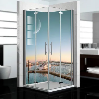 Produktbild von dedeco Eck-Duschrückwand wasserfest Motiv: Hafen V1, 2 x 90x200 cm, Badrückwand, Fliesenersatz fugenlos Wandverkleidung Duschplatte Duschrückwände aus Aluminium,  Germany