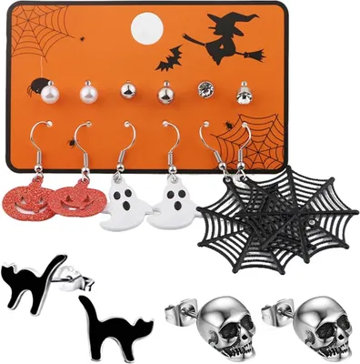 Obrázok produktu pre Náušnice na Halloween, 6 párov, s motívmi pavučiny, tekvíc a duchov, vhodné na oslavu Halloweenu