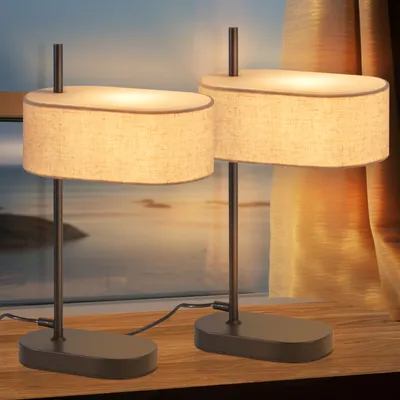 Immagine prodotto di ZMH 2pcs lampada da comodino camera da letto lampada da tavolo vintage - 44.5cm E14 lampada da tavolo nera paralume in tessuto di lino con cavo interruttore e spina lampada da salotto retrò per soggiorno ufficio (senza lampadina)