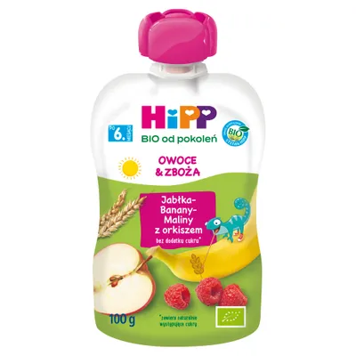 Produktbild von HippFrucht- & Müslimousse nach 6 Monaten Apfel-Banane-Himbeere mit Dinkel 100 G