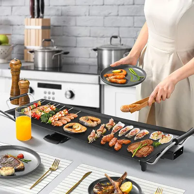 Produktbild von GOPLUS Elektrogrill 1800W, Teppanyaki Grillplatte mit Antihaftebeschichtung 90 x 23 cm, Tischgrill inkl. Thermostat & abnehmbarer Fettauffangschale, für BBQ/Party