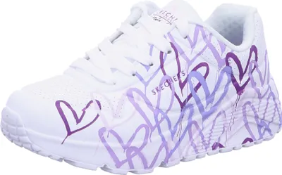 A white Skechers sneaker with purple heart graphics.