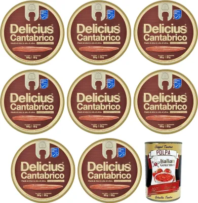 Produktbild von 8x Delicius Cantabrico Filetti di Alici in Olio di Oliva,Sardellenfilets in Olivenöl,Hochwertiger Blauer Fisch,90g Dose + Italian Gourmet Polpa di Pomodoro 400g Dose