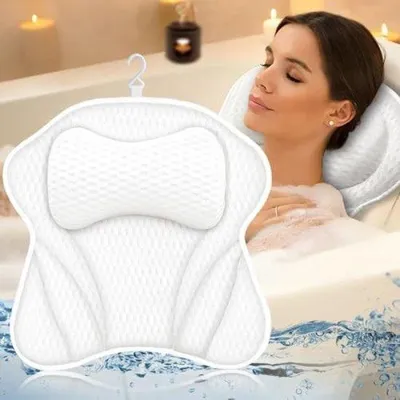 Produktbild von Famanu Badkissen Weiß, 4D-Mesh Nackenstütze für Badewanne - Ergonomisch, mit 6 Saugnäpfen