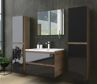 Produktbild von Badmöbel Set Schwarz  / Eiche  Optik Hochglanz Badezimmermöbel 60 cm Kaiser Badmöbel Set Komplett.
