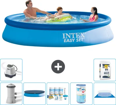 Produktbild von Intex runder aufblasbarer Easy Set-Schwimmpool – 366 x 76 cm – Blau – inklusive Pumpe Abdeckung - Wartungspaket - Filter - Bodenplane - Salzwassersystem - Poolsalz