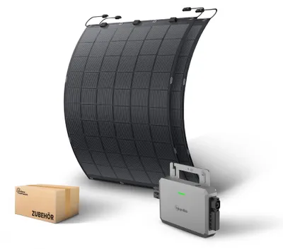 Produktbild von Kleines Kraftwerk Flexibles Balkonkraftwerk 450Wp – 0% MwSt – Flexible Solarmodule 2×225W Set inkl. Wechselrichter & 5m Anschlusskabel